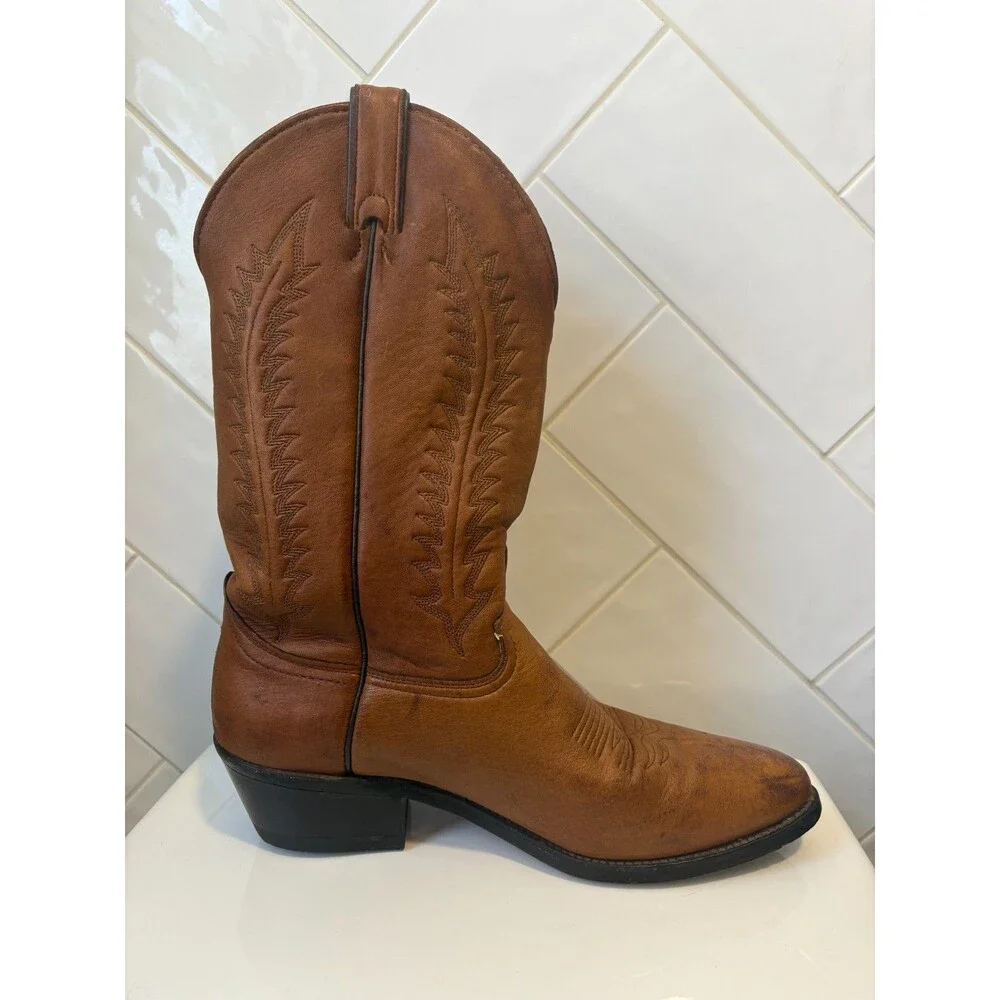 Vintage Made USA Leather Cowboy Western Boots Men's 10D Brown Round Toe Ranch